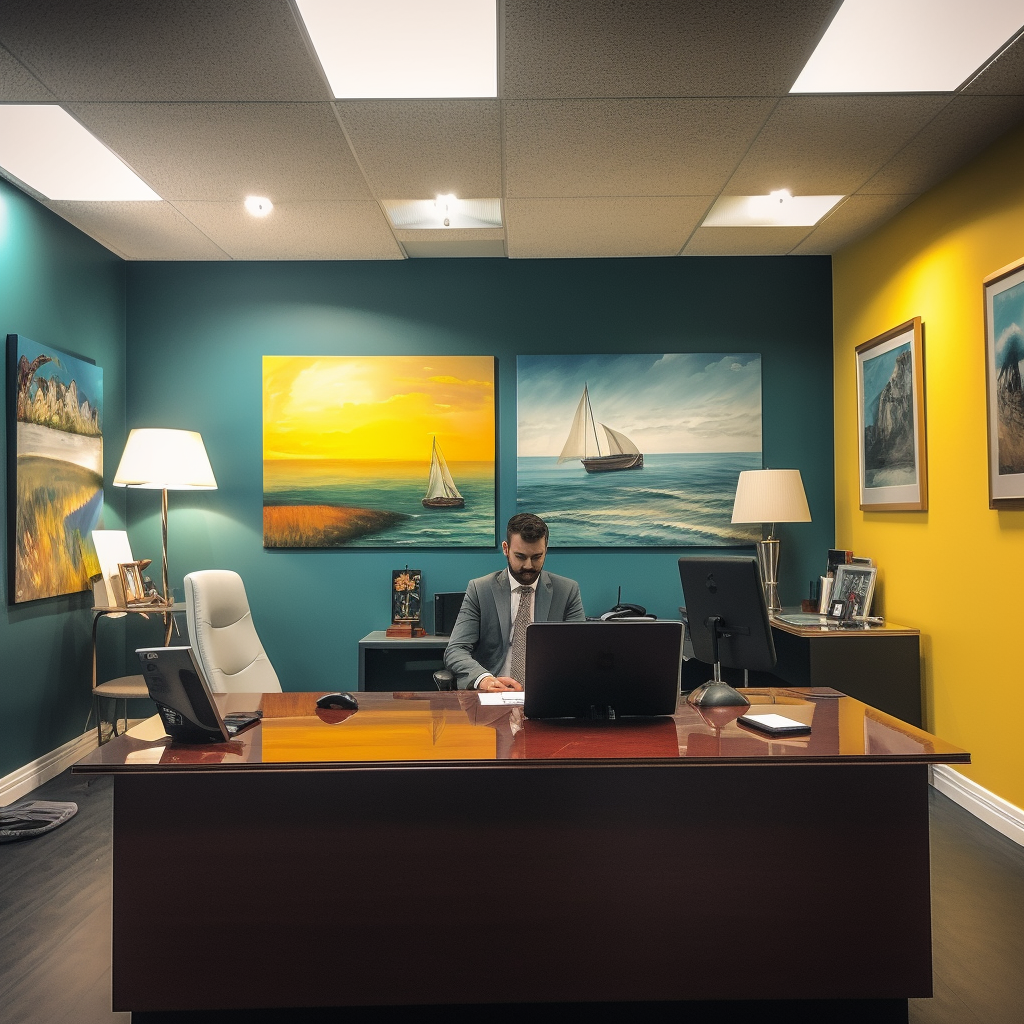 homme dans son bureau avec des peintures de voiliers sur les murs, un bureau en bois massif et son ordinateur